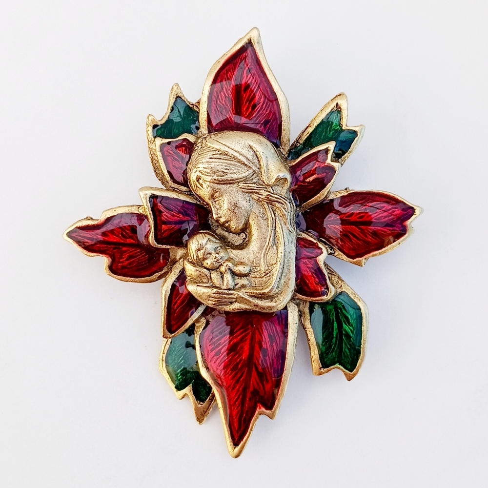 Christmas Brooch Vtg Mary And Jesus In Red And Green Enamel And Goldtone